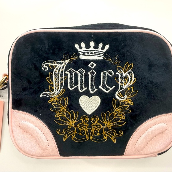 Juicy Couture Handbags - Juicy Couture Liquorice Heritage Crossbody Black And Pink Velour Bag Purse NEW